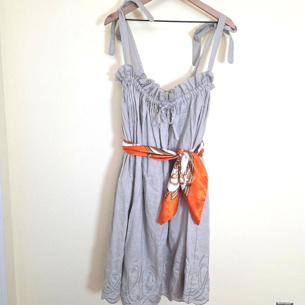 Innika Choo Linen Dress Skirt Tan O/S Cottage Coquette Embroidered Lined NWT - Picture 4 of 12